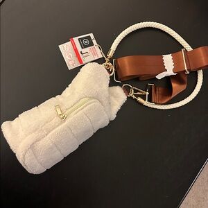 White fuzzy Crossbody Bottle Bag with Braided Strap & longer strap